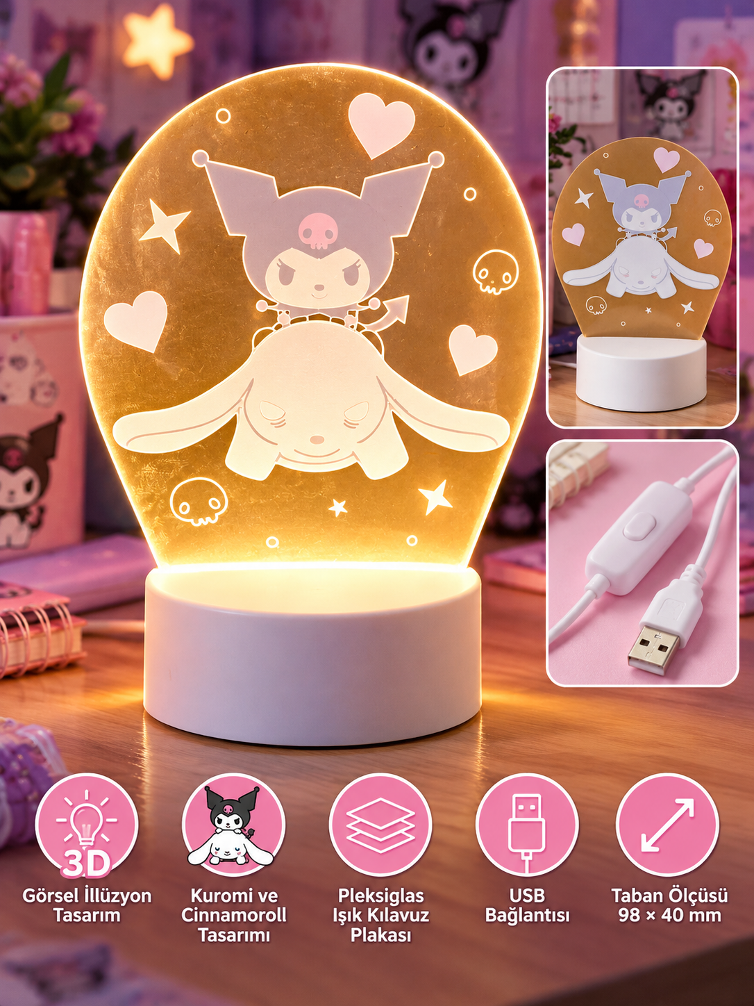 💜 Kuromi ve Cinnamoroll 3D Görsel İllüzyon Gece Lambası